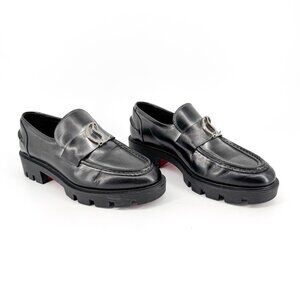 Christian Louboutin CL Moc Lug Loafer Size 38 US 8 Black Silver Slip On Shoe